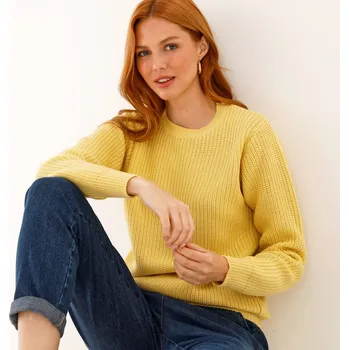 Dámský svetr Pulovr s kulatým výstřihem a hladkým vzorem žlutá 50