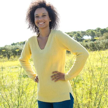 Dámská móda Dlouhý pulovr s výstřihem do V a hladkým vzorem žlutá 34/36