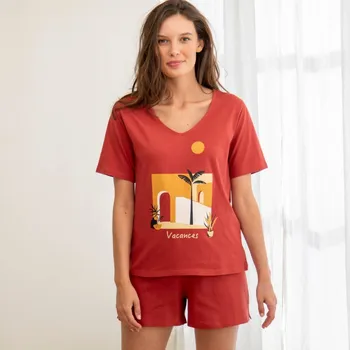 Dámské pyžamo Pyžamo se šortkami a potiskem exotické krajiny tomatová 42/44