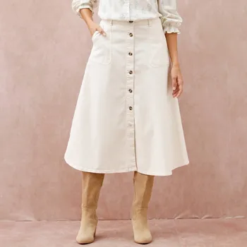 Dámská móda Rozšířená keprová midi sukně na knoflíky režná 44