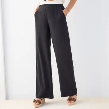 Dámská móda Široké vzdušné kalhoty s příměsí lnu černá 42