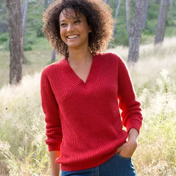 Dámský svetr Pulovr s výstřihem do V a hladkým vzorem červená 54