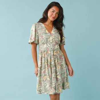 Dámské šaty Krátké viskózové šaty s potiskem pro menší postavu zelená 36