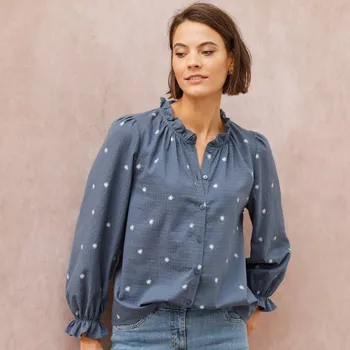 Dámská halenka Halenka s volánky a potiskem hvězdiček modrošedá/režná 38