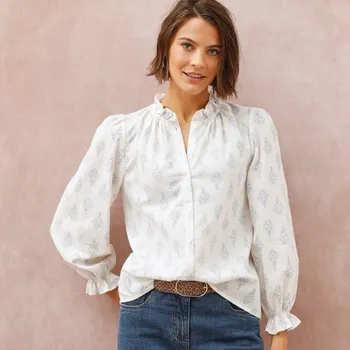 Dámská halenka Halenka s volánky a etno potiskem režná/modrá šedá 40