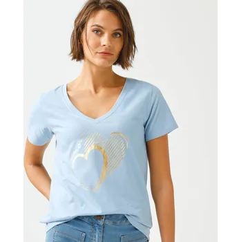 Tričko s výstřihem do V, krátkými rukávy a potiskem srdce vpředu světle modrá 34/36
