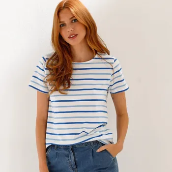 Dámská móda Proužkované tričko s kulatým výstřihem režná/modrá 52