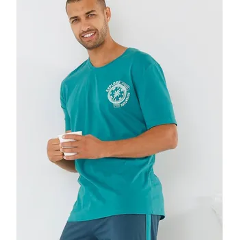 Pánské pyžamo Pyžamové tričko s potiskem na hrudníku a krátkými rukávy tyrkysová 127/136
