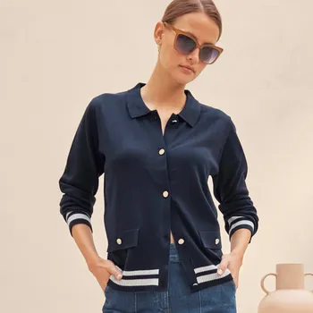 Propínací svetr s polo límečkem nám. modrá/bílá 52