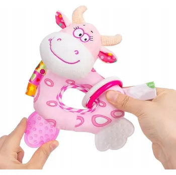 Chrastítko Senzorická Kravička pro miminka Plyšová hračka s kousátkem 0+