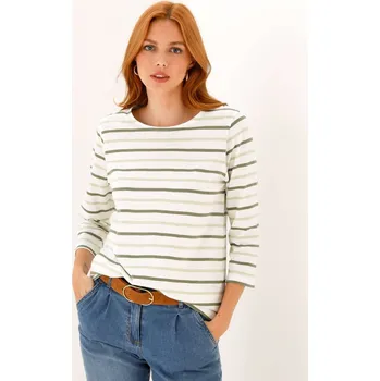 Dámské tričko Proužkované tričko s 		3/4 rukávy režná/zelenkavá 38/40