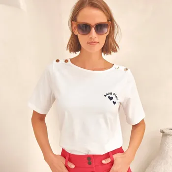 Dámská móda Tričko s ozdobnými knoflíčky na ramenou bílá 50