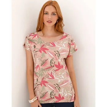 Tričko s potiskem a knoflíky na ramenou růžová/zelená 52