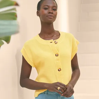 Dámská halenka Propínací úpletová halenka s krátkými rukávy žlutá 46/48