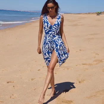 Dámská móda Krátké plážové šaty s potiskem modrá/režná 52