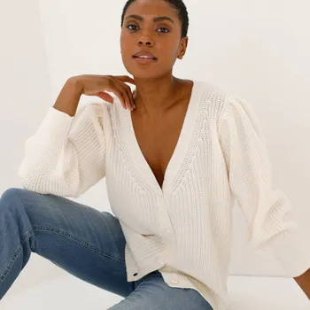 Dámský svetr Propínací svetr s výstřihem do V a 3/4 rukávy režná 42/44