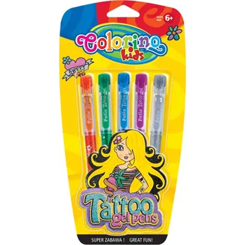 Colorino Tattoo gelové rollery 5 barev + šablony – dočasné tetování gelová pera vysoký pigment rychleschnoucí pratelný snadno odstranitelné šablony motivy pro děti
