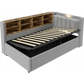 Postel Čalouněná postel s funkcí rozkládací pohovky, hydraulický mechanismus, USB, 90x200 cm, šedá