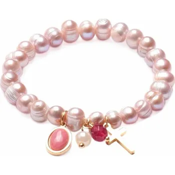 Drahý kámen Náramek z perel růžové barvy s křížkem z nerezové oceli obvod cca 16 až 21 cm