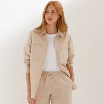 Dlouhá košile ze směsi bavlny a lnu s kapsami béžová 42