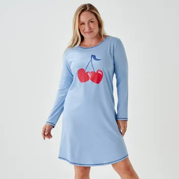 Dámská noční košile Krátká noční košile s potiskem třešní a dlouhými rukávy nebeská modrá 38/40