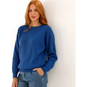 Dámská móda Pulovr s kulatým výstřihem a hladkým vzorem modrá 54