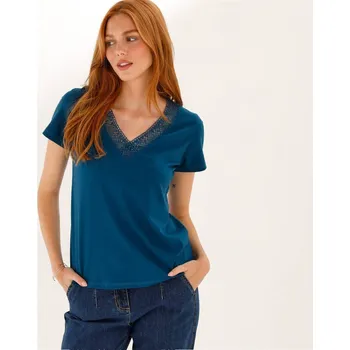 Dámské tričko Tričko s výstřihem do V a krajkou petrolejová 52