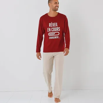 Pánské pyžamo Pyžamo s kalhotami, kulatým výstřihem a potiskem textu bordó/béžový melír 77/86