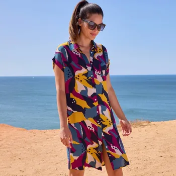 Dámská móda Krátké košilové šaty s potiskem nám.modrá/purpurová 40