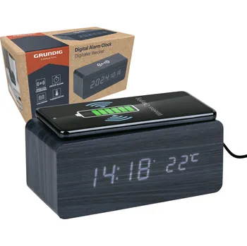 Budík BUDÍK HODINY INDUKČNÍ NABÍJEČKA 5W LED TEPLOMĚR KALENDÁŘ ALARM S OPAKOVANÝM BUZENÍM