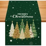 Lněný vánoční běhoun STARLIT TREES 33x180 cm, zelený