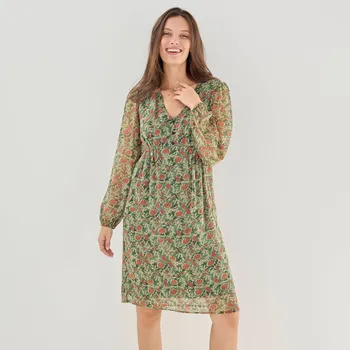 Dámské šaty Krátké voálové šaty s potiskem khaki/režná 40