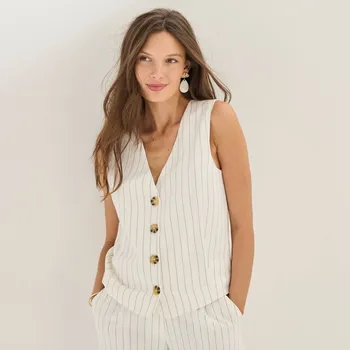 Dámská vesta Proužkovaná vesta v klasickém střihu na knoflíky, s příměsí lnu bílá 48