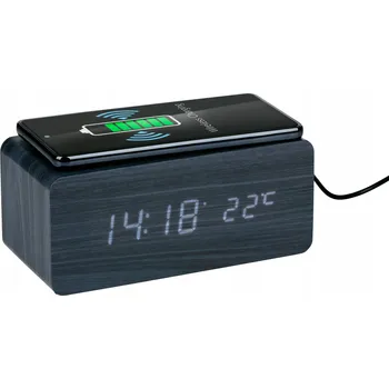 Budík BUDÍK S OPAKOVANÝM BUZENÍM, INDUKČNÍ NABÍJEČKA, HODINY, 5W LED, TEPLOMĚR, KALENDÁŘ