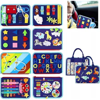 Dřevěná hračka MANIPULAČNÍ DESKA hodiny puzzle botička zámky KUFŘÍK měkká SENZORICKÁ