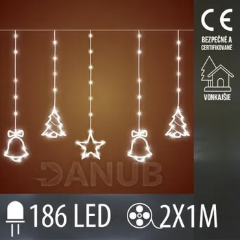 LED trubice Vánoční led světelná záclona vnější - závěs - zvonek/stromeček/hvězda - 186led - 2m studená bílá