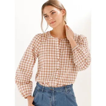 Dámská halenka Halenka na knoflíčky s kostkovaným potiskem a kulatým výstřihem oříšková/režná 50