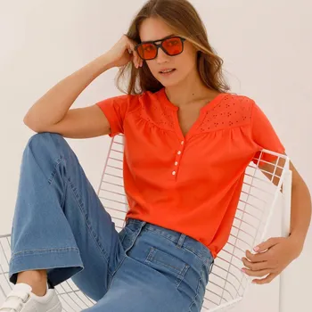 Tričko s výstřihem na knoflíčky, krátkými rukávy a madeirou oranžová 34/36
