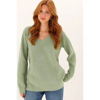Dámská móda Dlouhý pulovr s výstřihem do V a hladkým vzorem zelená světlá 34/36