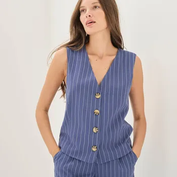 Proužkovaná vesta v klasickém střihu na knoflíky, s příměsí lnu modrá 36