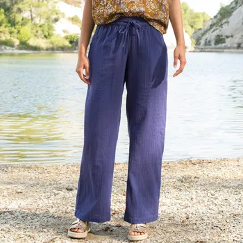 Dámská móda Mušelínové široké kalhoty s vysokým pasem indigo 40