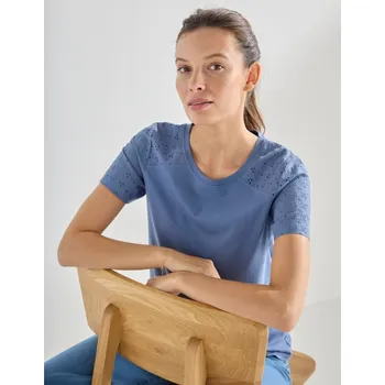 Dámská móda Tričko s kulatým výstřihem, krátkými rukávy a madeirou modrá džínová 50