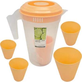 PLASTOVÝ DŽBÁN S SÍTKEM + 4 KELÍMKY SADA NA NÁPOJE VODU ŠŤÁVY 2,4L