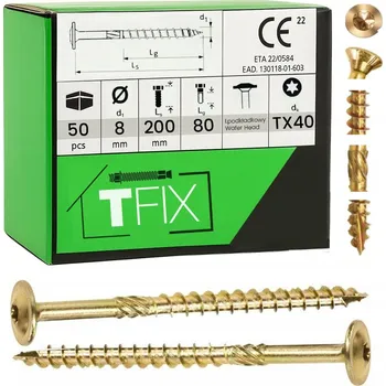 Vrut Vruty 8x200mm TRUHLÁŘSKÉ s podložkou 50 Ks vrut do dřeva na TORX TFIX
