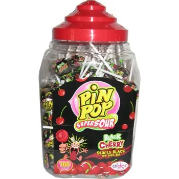 Bonbon Lízátko 18 g PIN POP BLACK CHERRY super kyselé - VÝPRODEJ !!! DMT: 3/2025 (ovocné lízátko měnící barvu, 100 ks )