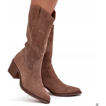 Dámská obuv KOZAČKY KOVBOJSKÉ BOTY NA PODPATKU S VZOREM EKO SEMIŠOVÉ NA ZIP TMAVĚ BÉŽOVÉ 38