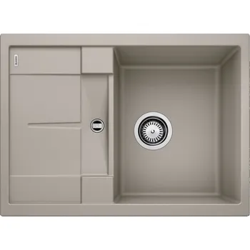 Granitový dřez Tento dřez se vyznačuje mladým designem s rovnými liniemi a nabízí velkou kapacitu mísy, která poskytuje velkorysý prostor pro mytí nádobí. Je vybaven kompaktním odkapávačem s integrovanou výpustí a je dostatečně univerzální, aby mohl být instalován obous