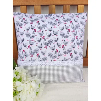 Povlak na polštářek Povlak na polštář 40 x 40 cm – Velikonoční kohoutci a slepičky na šedé s kostičkou | Ruční výroba z bavlny