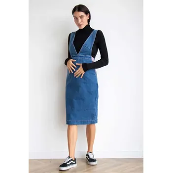 Těhotenské šaty Džínová těhotenská šatovka s laclem – modrá, bavlněná Velikost: S