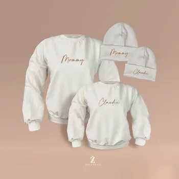 Čepice Mikina s balonovými rukávy MOMMY A DÍTĚ + čepička, mašle Barva: Růžová, Velikost dítě: 4-5 let + čepice 45 - 55 cm, Velikost máma: M + jarní čepice